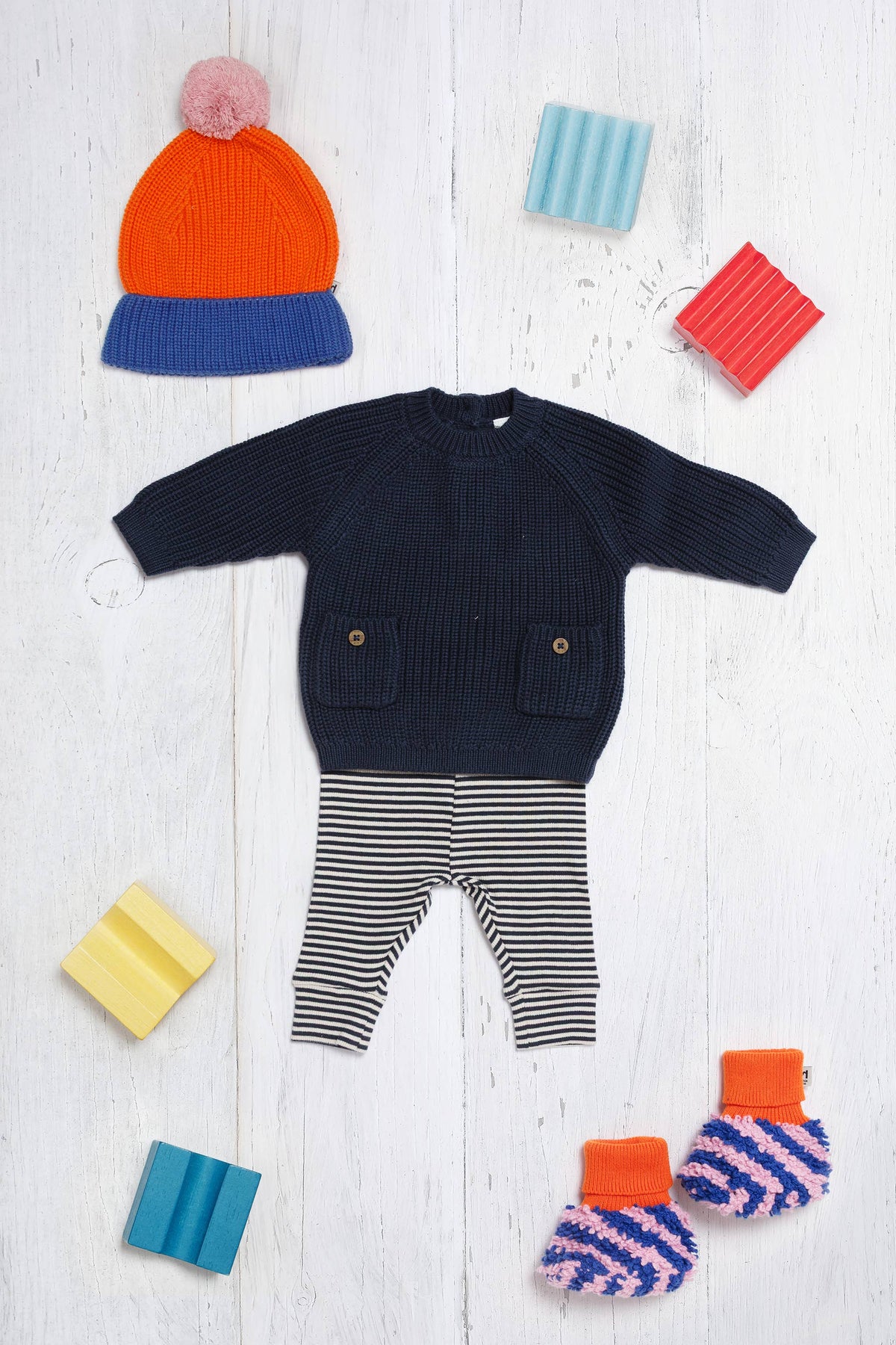 Sophie Home - Cotton Knit Baby Slipper Socks: Boucle Striped Cobalt