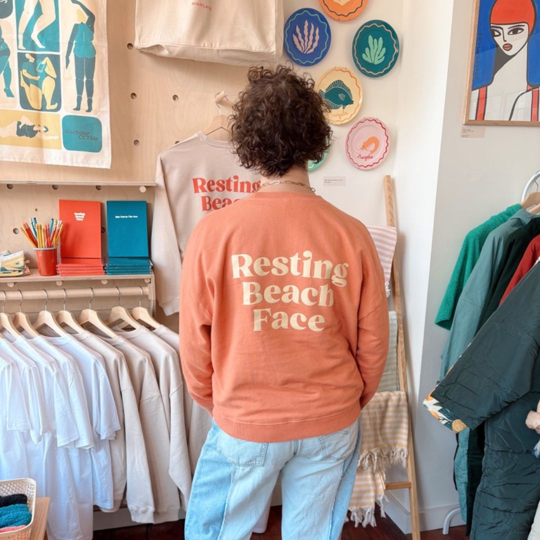Resting Beach Face Womenâs Organic Oversized Sweatshirt Sunset Edition