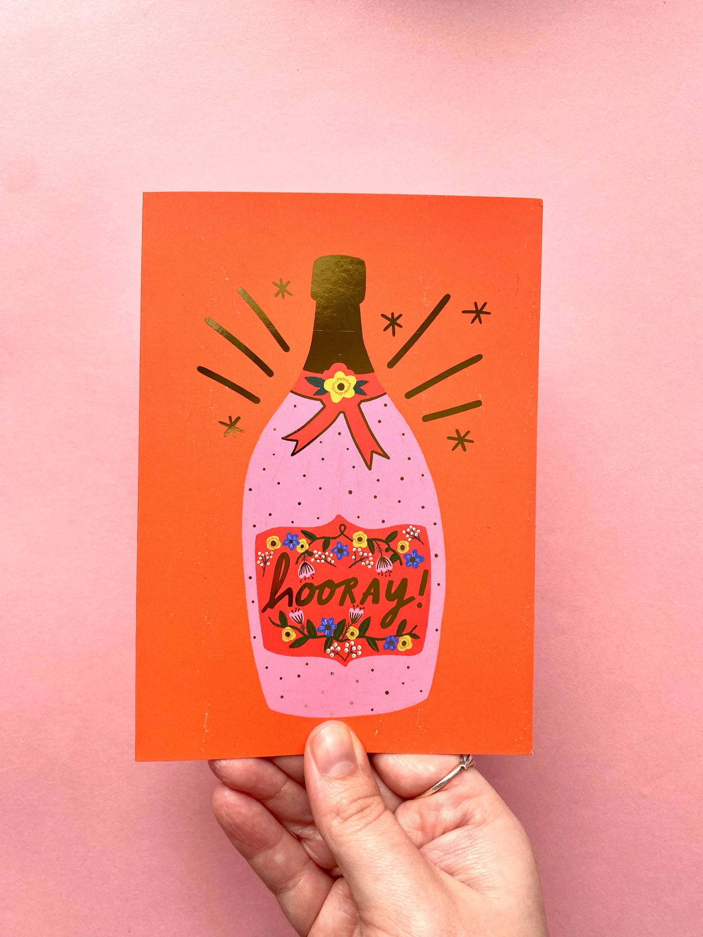 Kerrie Illustrates - Hooray Champagne Gold Foil Greetings Card Celebrate Prosecco
