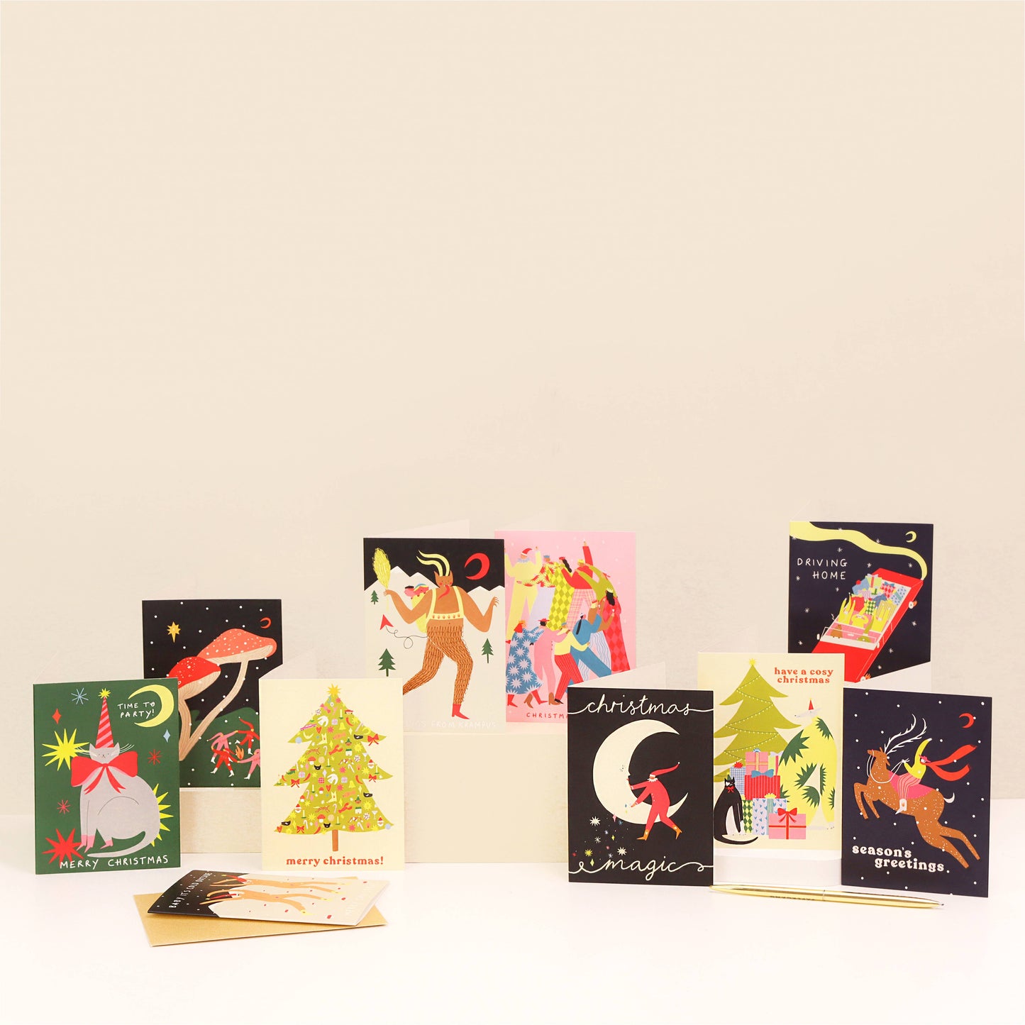 Little Black Cat Illustrated Goods - Folky Elves Christmas Card | Mushroom Card | Woodland Scene