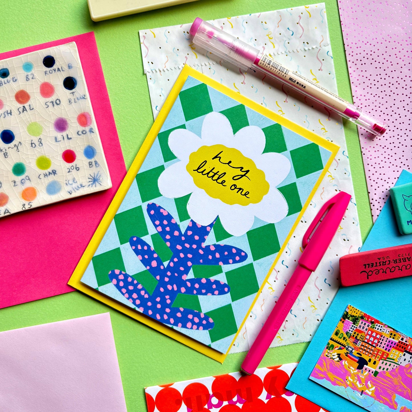 Kerrie Illustrates - Hey Little One Greeting Card | Floral Patterned Quirky Newborn Grandchild Son Daughter Stork New Arrival