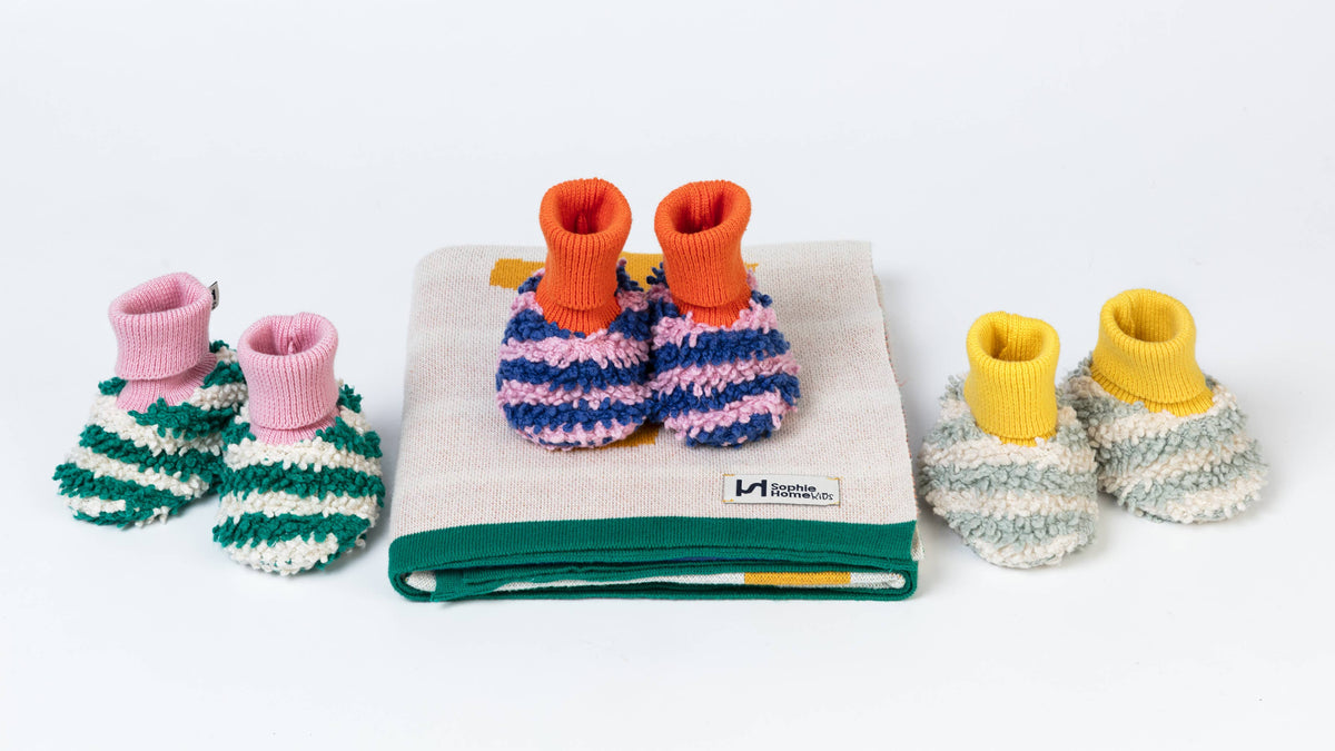 Sophie Home - Cotton Knit Baby Slipper Socks: Boucle Striped Green