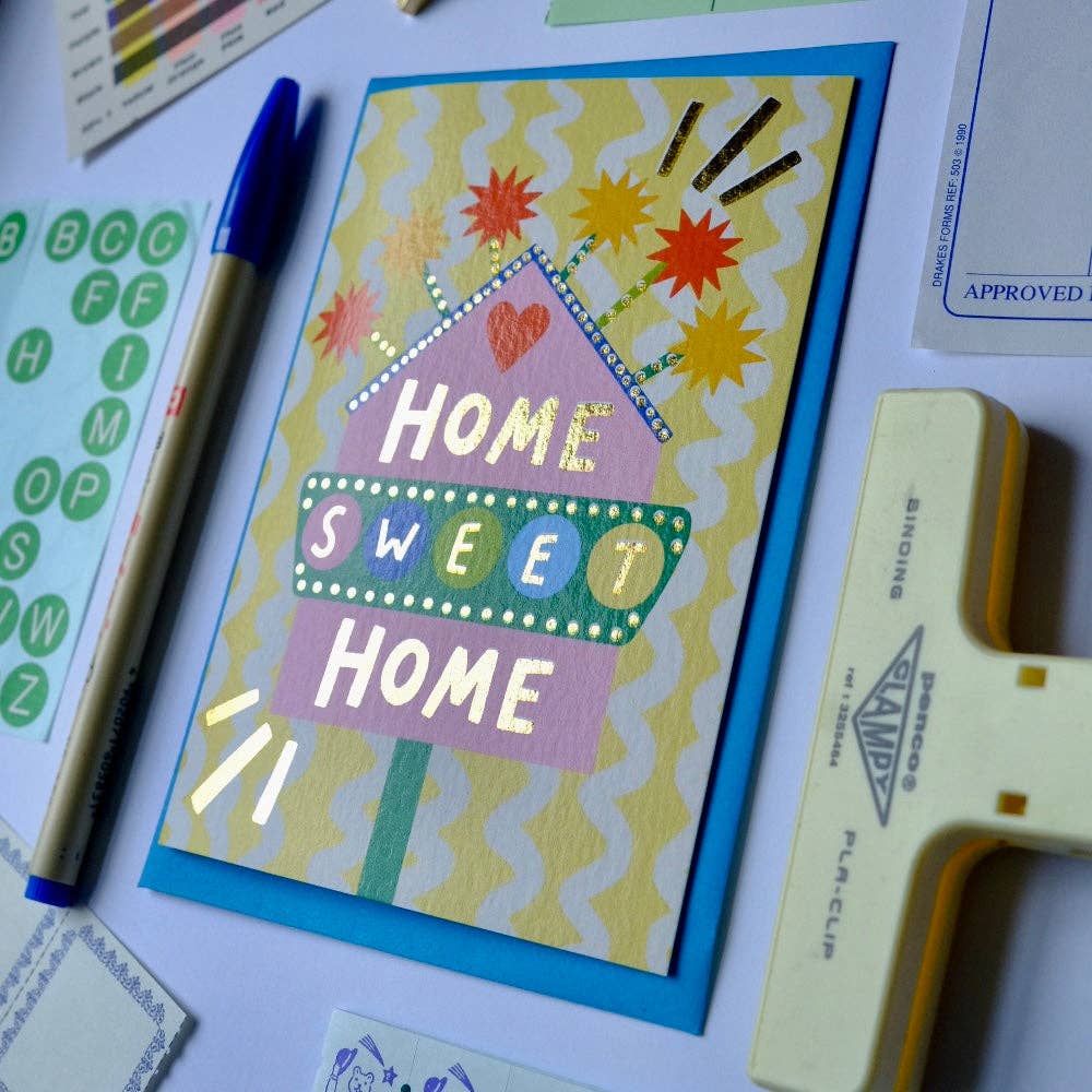 Kerrie Illustrates - Retro Home Sweet Home Sign Greetings Card | Vintage Sign New Home Card | Retro Motel Style New Home Card