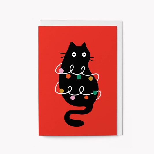 Graphic Factory - Christmas Lights Cat  - Greeting card: Biodegradable cello