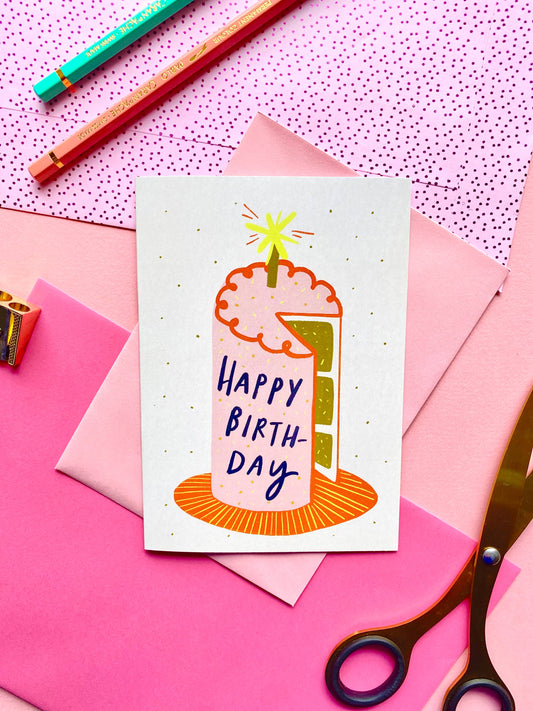 Kerrie Illustrates - Happy Birthday Pink Cake Greeting Card | Bday Friend Sister 