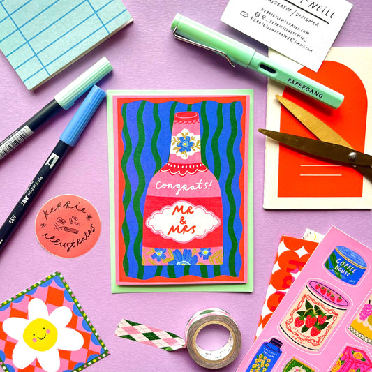 Kerrie Illustrates - Congrats Mr & Mrs Engagement Wedding Greeting Card | Wedding Proposal Anniversary Celebration Milestone