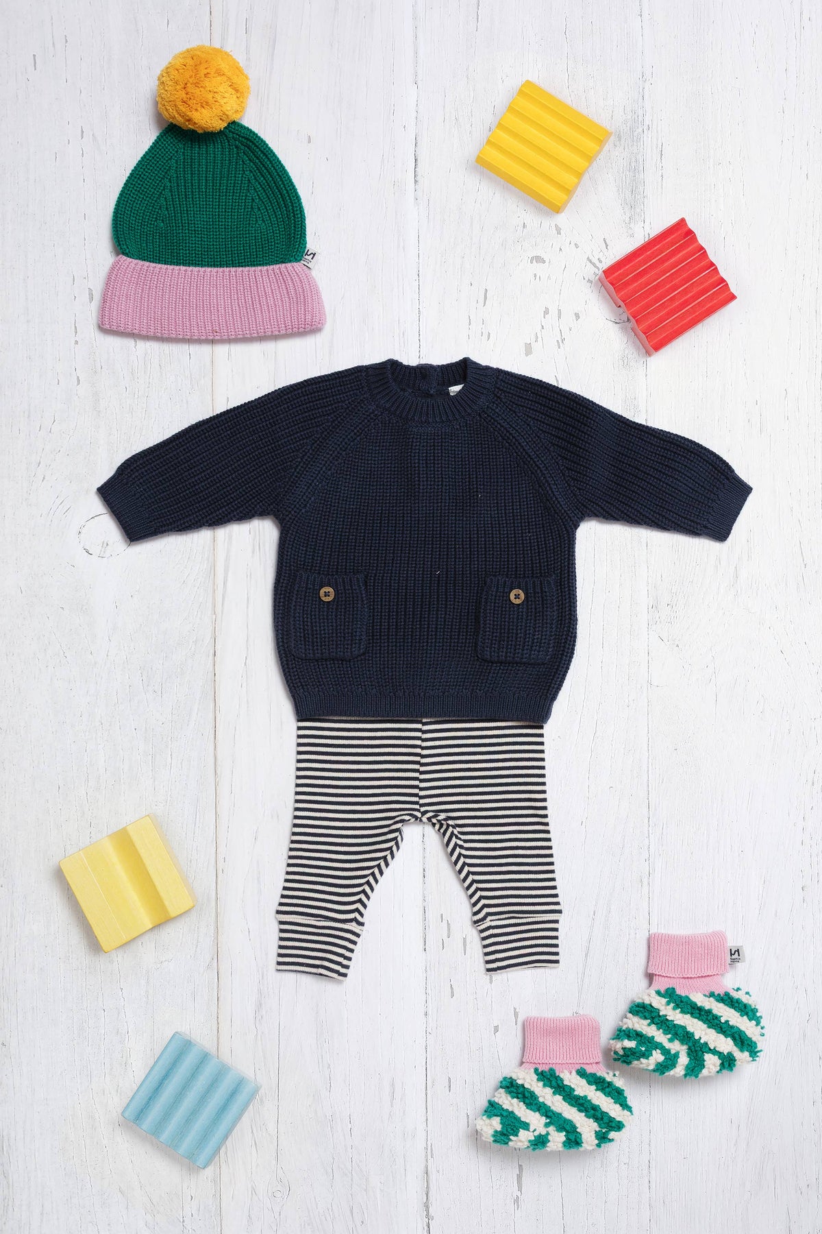 Sophie Home - Cotton Knit Baby Slipper Socks: Boucle Striped Green