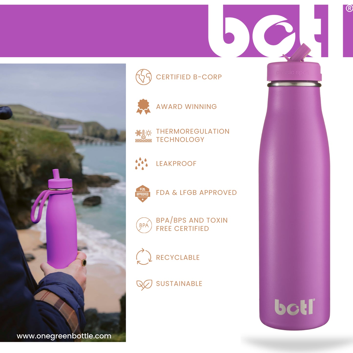 Botl 500ml Magenta evolution stainless steel bottle