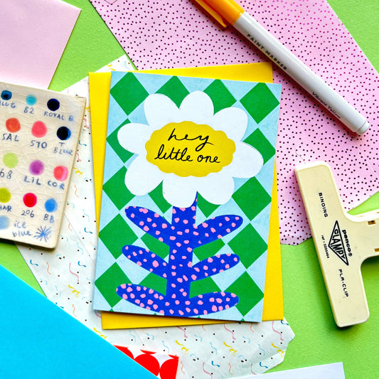 Kerrie Illustrates - Hey Little One Greeting Card | Floral Patterned Quirky Newborn Grandchild Son Daughter Stork New Arrival