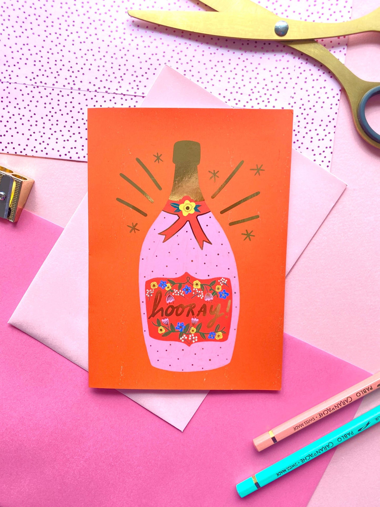 Kerrie Illustrates - Hooray Champagne Gold Foil Greetings Card Celebrate Prosecco