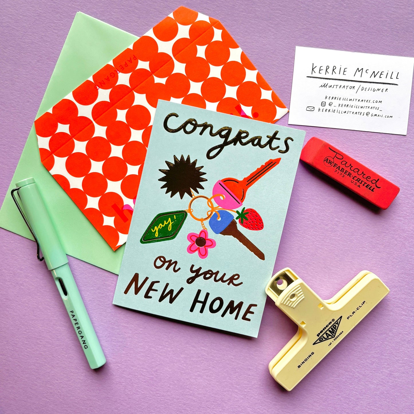 Kerrie Illustrates - Congrats On Your New Home Keys Greeting Card | Keyring Gold Foil Homeowner House Apartment Celebrate