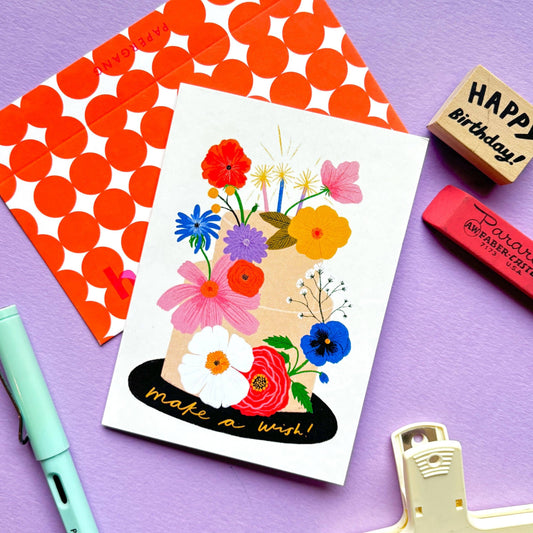 Kerrie Illustrates - Make A Wish Floral Birthday Greeting Card | Cake Decor Flowers Bday Celebrate