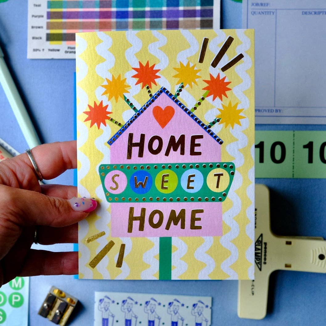 Kerrie Illustrates - Retro Home Sweet Home Sign Greetings Card | Vintage Sign New Home Card | Retro Motel Style New Home Card