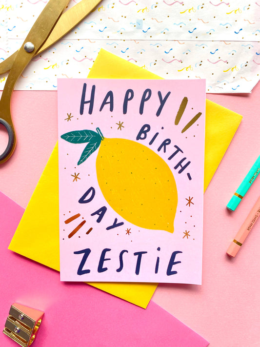 Kerrie Illustrates - Happy Birthday Zestie Gold Foil Greetings Card | Punny Bday 