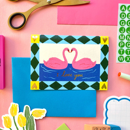 Kerrie Illustrates - Romantic Swans “I Love You” Valentines Greeting Card | Swans In Love | Cute Valentines Day Card