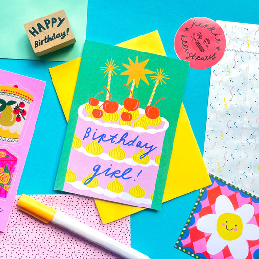 Kerrie Illustrates - Birthday Girl Cake Greeting Card | Pink Green Celebrate Bday Cherries Bold Quirky Greetings