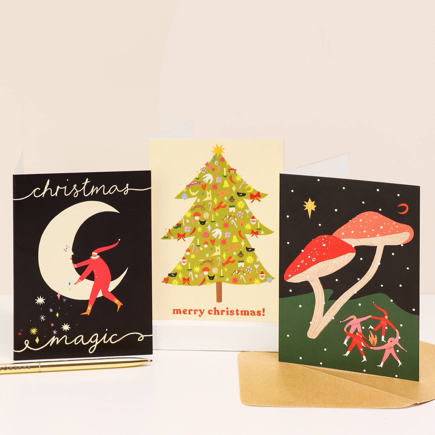 Little Black Cat Illustrated Goods - Folky Elves Christmas Card | Mushroom Card | Woodland Scene