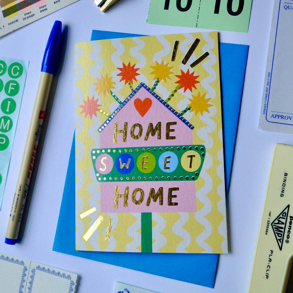 Kerrie Illustrates - Retro Home Sweet Home Sign Greetings Card | Vintage Sign New Home Card | Retro Motel Style New Home Card