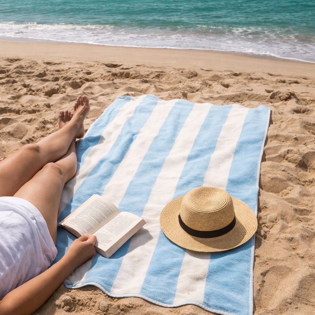 Allure Bath Fashions - Large Scalloped Striped Beach Towel 90 x 170cm - 100% Cotton: Ice Blue