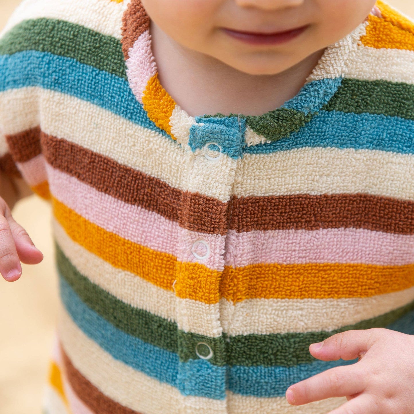 Little Green Radicals - Rainbow Striped Baby Towelling Romper: Rainbow Stripe - ages 2-4