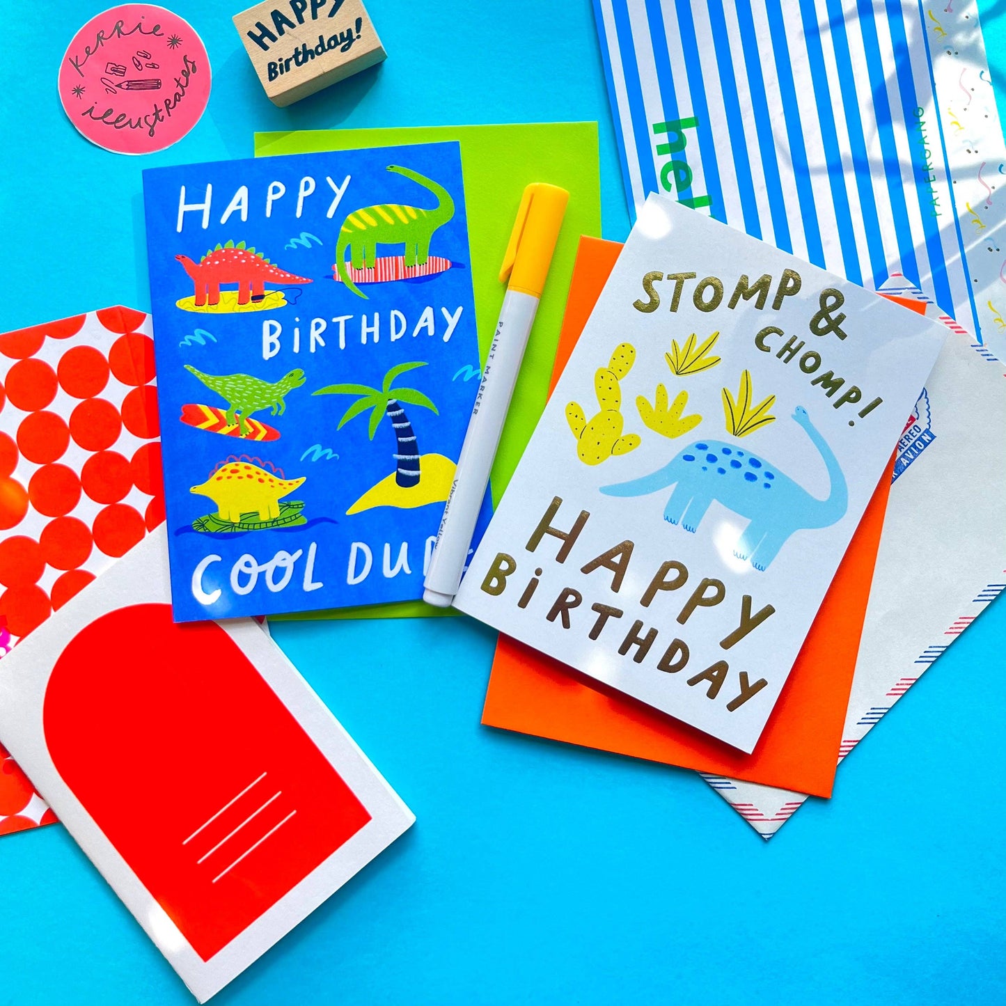 Kerrie Illustrates - Stomp & Chomp Dinosaur Birthday Greeting Card | Blue Boys Bday Celebrate Kids Birthday T-Rex Gold Foil