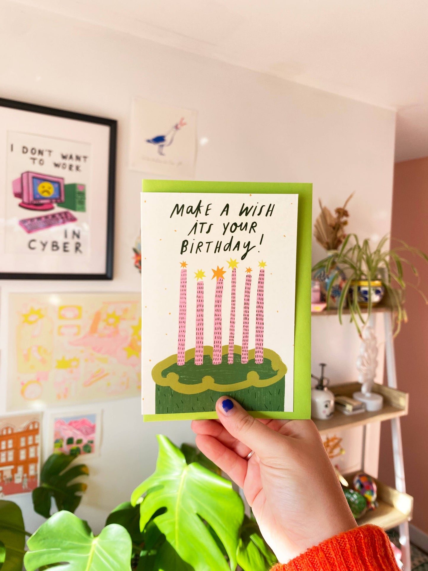 Kerrie Illustrates - Make a Wish Green Cake Birthday Greeting Cards | Bday Sister