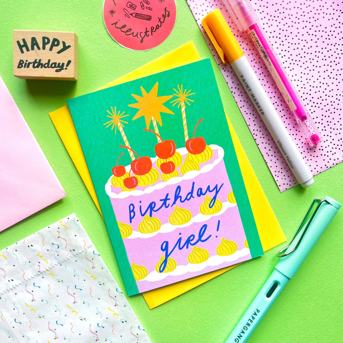 Kerrie Illustrates - Birthday Girl Cake Greeting Card | Pink Green Celebrate Bday Cherries Bold Quirky Greetings