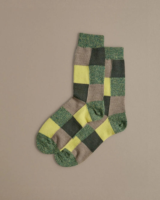 Rove Fine Merino Wool Socks | Citrus Green Patchwork