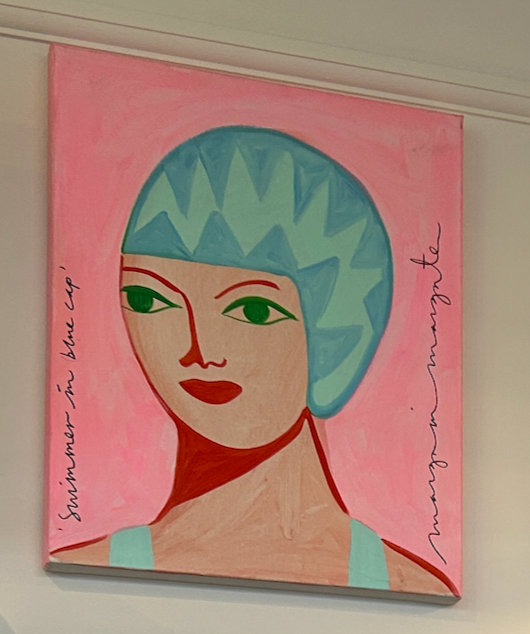 Margo in Margate Blue cap on pink canvas