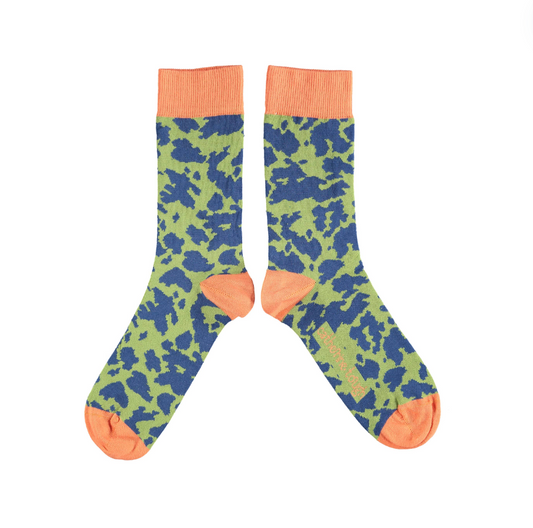 Catherine Tough - Women's Organic Cotton Crew Sock:  leopard - green/navy