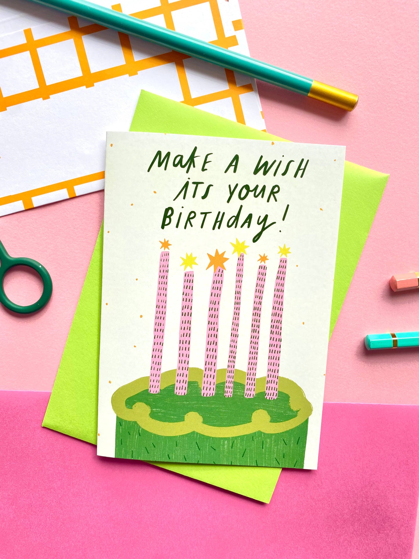 Kerrie Illustrates - Make a Wish Green Cake Birthday Greeting Cards | Bday Sister