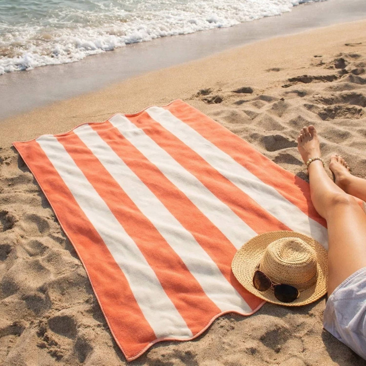 Allure Bath Fashions - Large Scalloped Striped Beach Towel 90 x 170cm - 100% Cotton: Burnt Orange