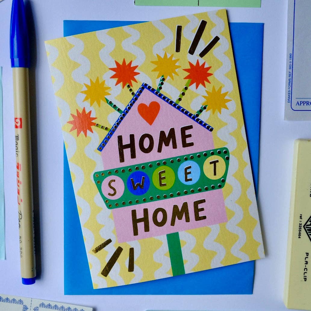 Kerrie Illustrates - Retro Home Sweet Home Sign Greetings Card | Vintage Sign New Home Card | Retro Motel Style New Home Card
