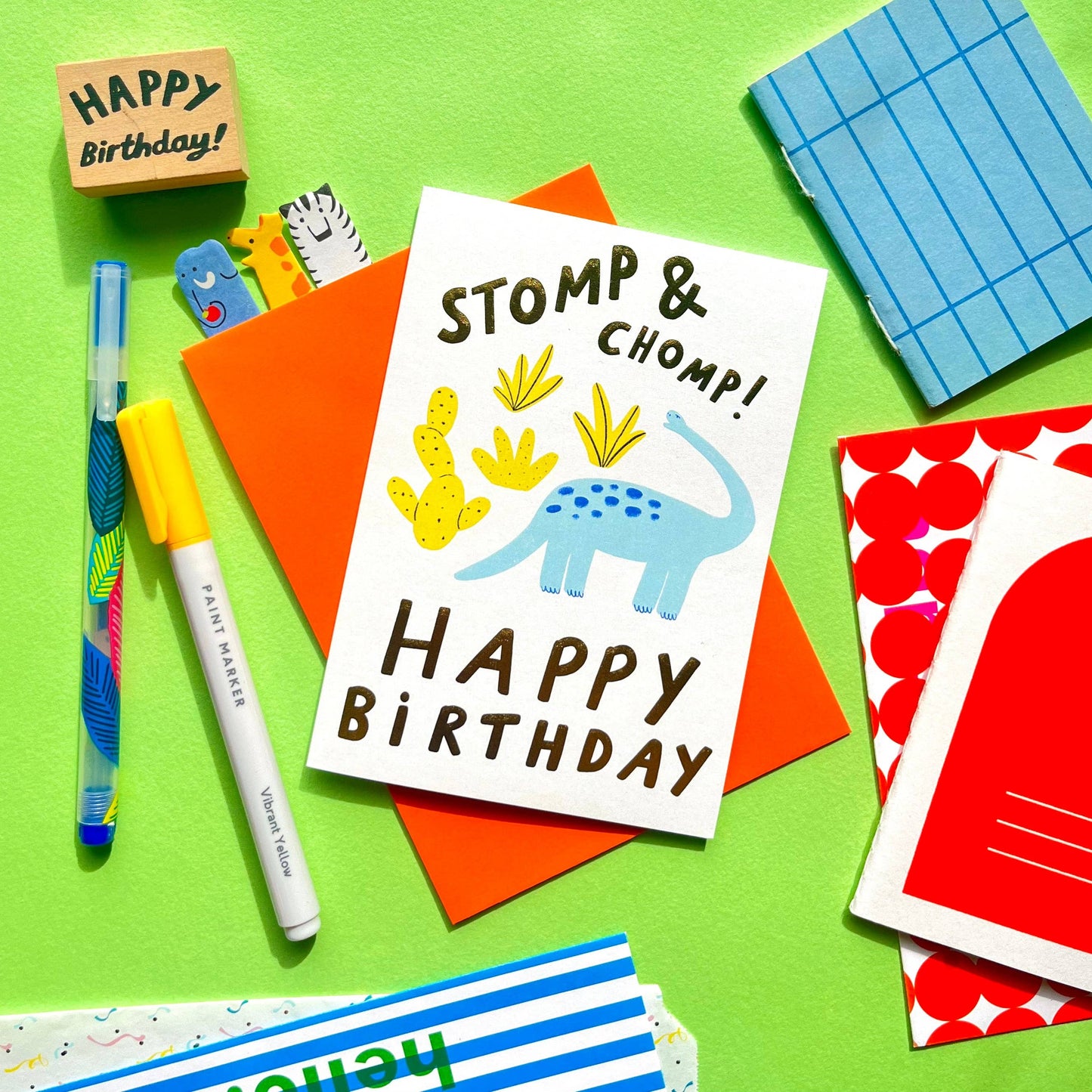 Kerrie Illustrates - Stomp & Chomp Dinosaur Birthday Greeting Card | Blue Boys Bday Celebrate Kids Birthday T-Rex Gold Foil