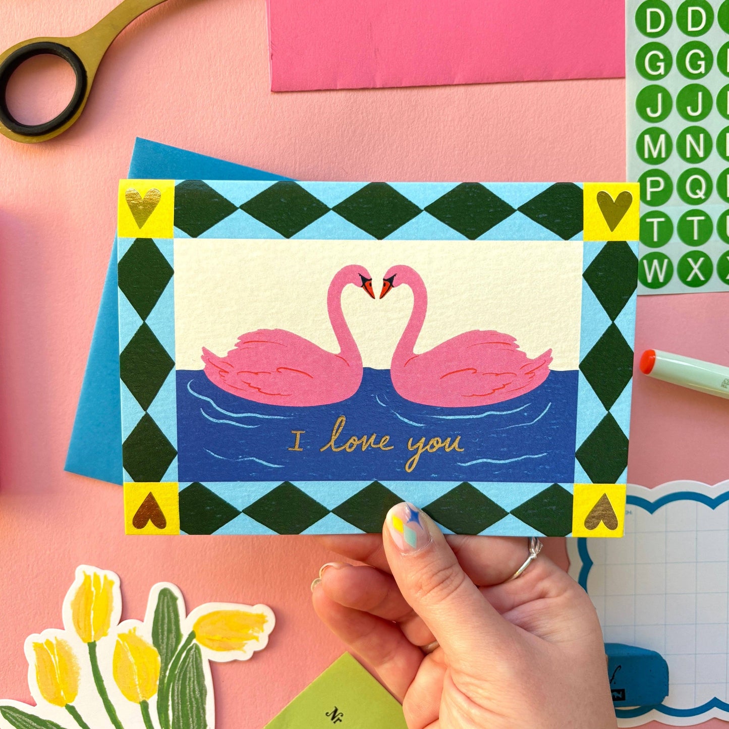 Kerrie Illustrates - Romantic Swans “I Love You” Valentines Greeting Card | Swans In Love | Cute Valentines Day Card