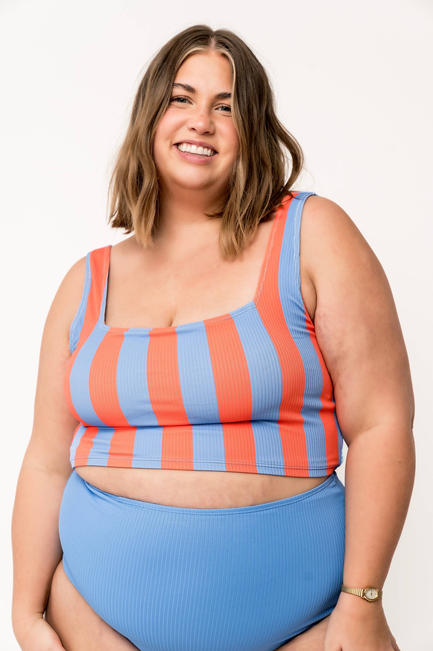 Orange and Blue Stripe Square Neck Swim Top