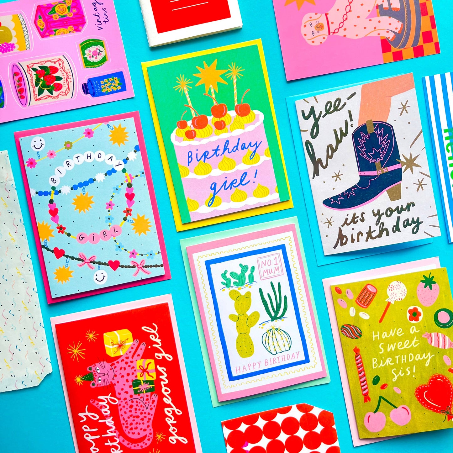 Kerrie Illustrates - Birthday Girl Cake Greeting Card | Pink Green Celebrate Bday Cherries Bold Quirky Greetings