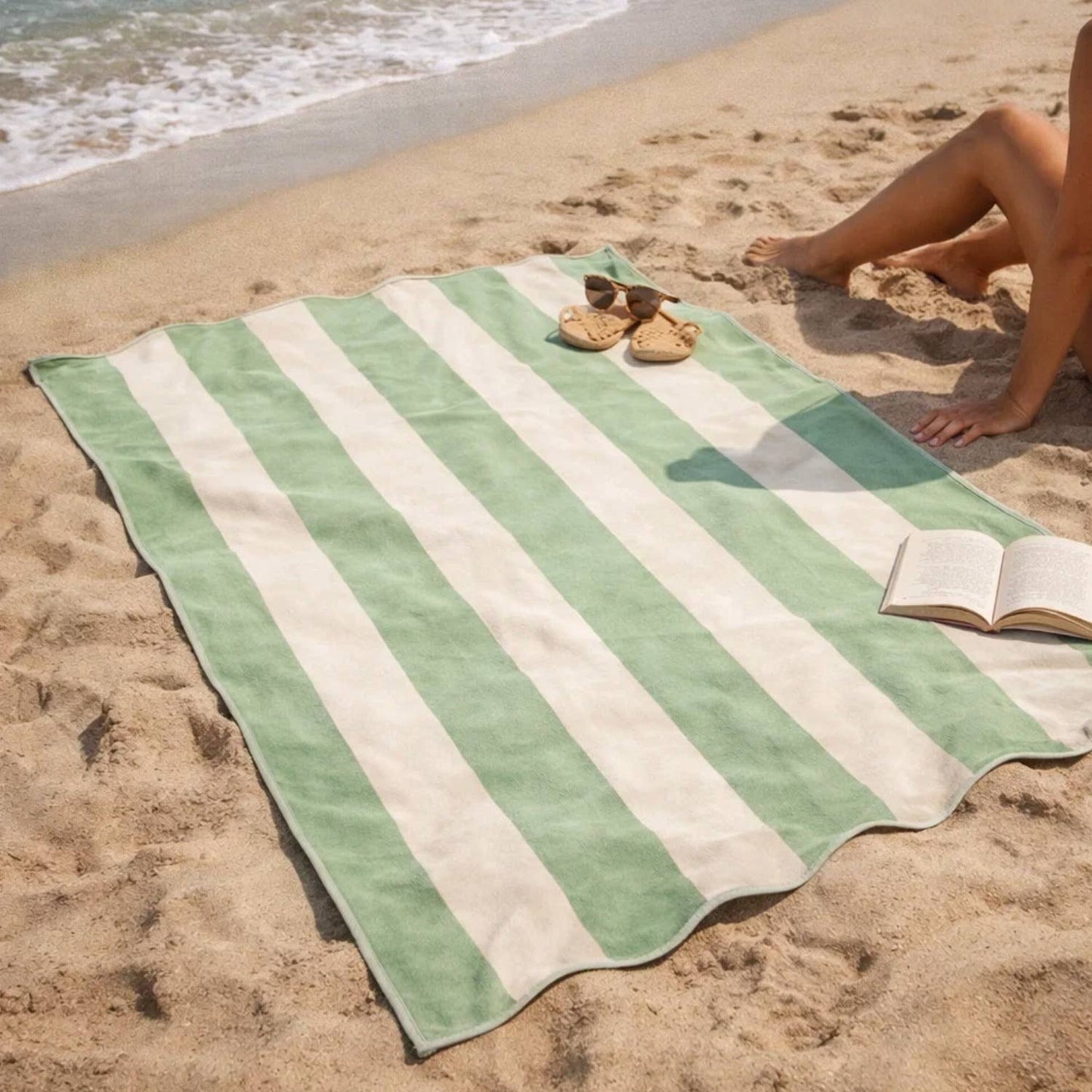 Allure Bath Fashions - Large Scalloped Striped Beach Towel 90 x 170cm - 100% Cotton: Ice Blue