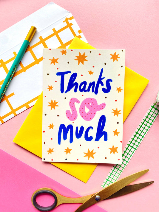 Kerrie Illustrates - Thank You So Much Patterned Gold Stars Greetings Card Thanks