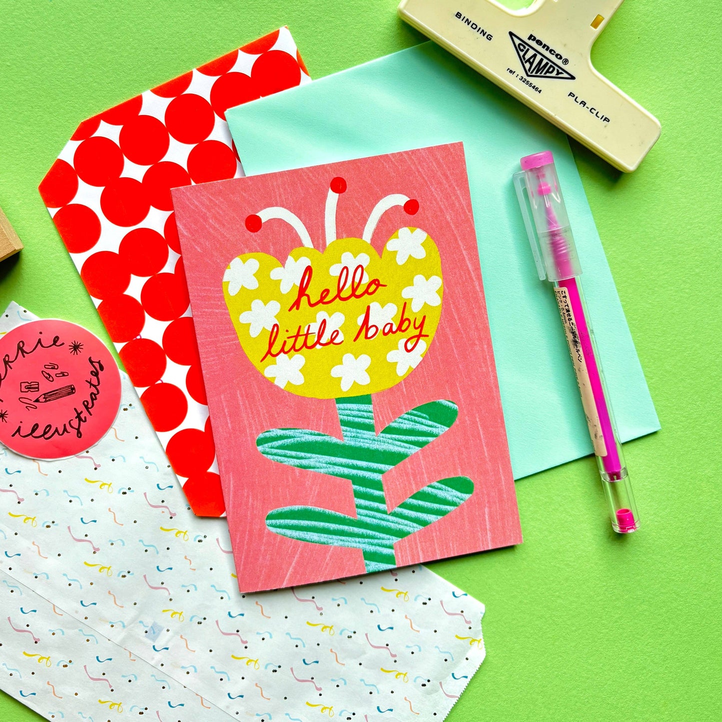 Kerrie Illustrates - Hello Little Baby Greeting Card | Floral Newborn Patterned Celebration Grandchild Son Daughter