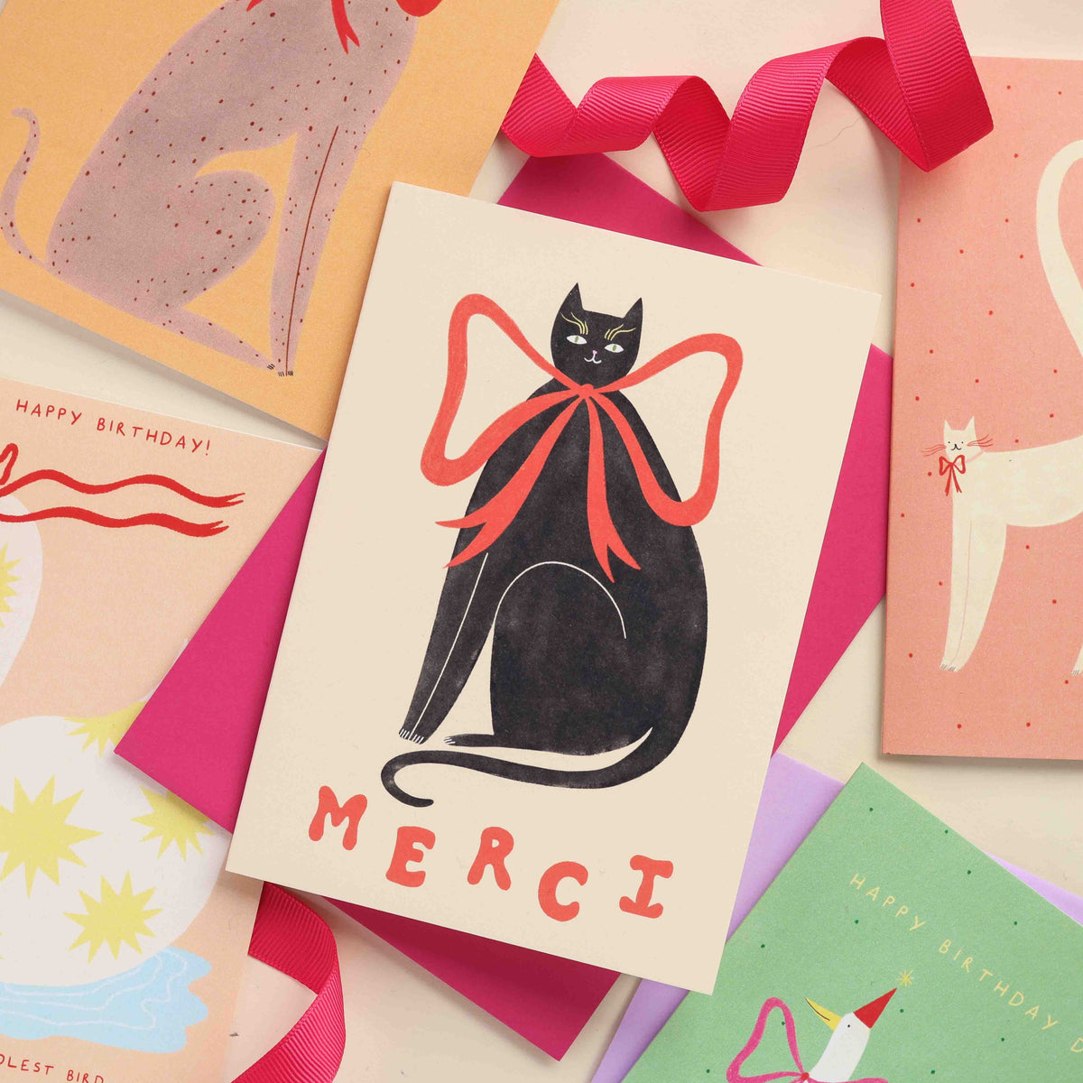 Little Black Cat Illustrated | USA Duties Paid - Merci Black Cat Thank You Card | Merci Card | French Cat