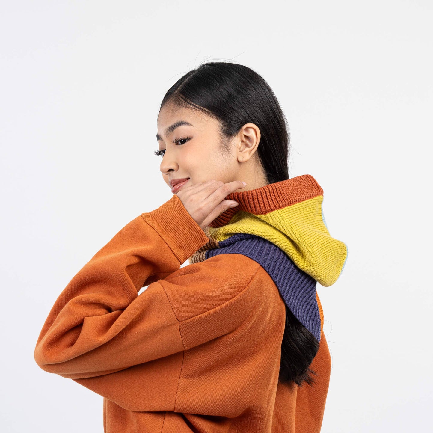 VERLOOP Mismatch Knit Hood: Golden Olive Stone Blue