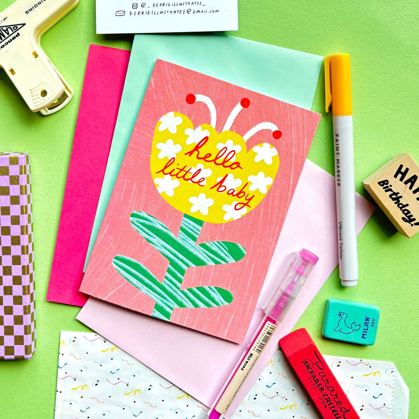 Kerrie Illustrates - Hello Little Baby Greeting Card | Floral Newborn Patterned Celebration Grandchild Son Daughter