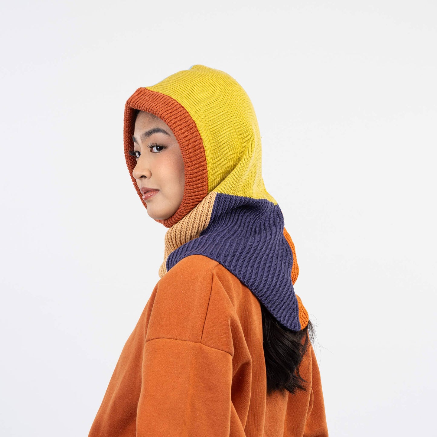 VERLOOP Mismatch Knit Hood: Golden Olive Stone Blue