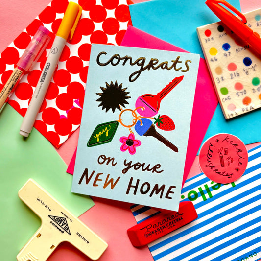 Kerrie Illustrates - Congrats On Your New Home Keys Greeting Card | Keyring Gold Foil Homeowner House Apartment Celebrate