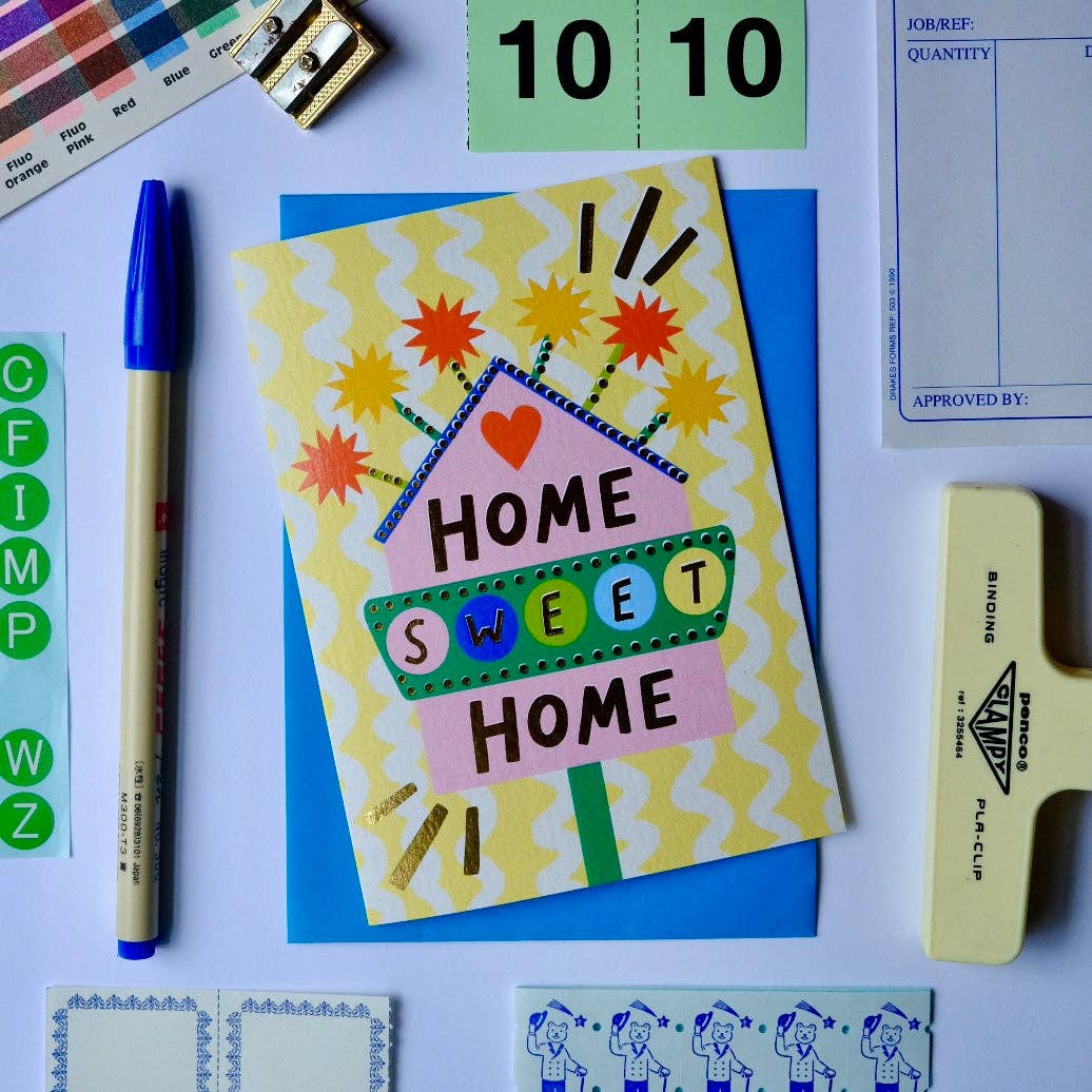 Kerrie Illustrates - Retro Home Sweet Home Sign Greetings Card | Vintage Sign New Home Card | Retro Motel Style New Home Card