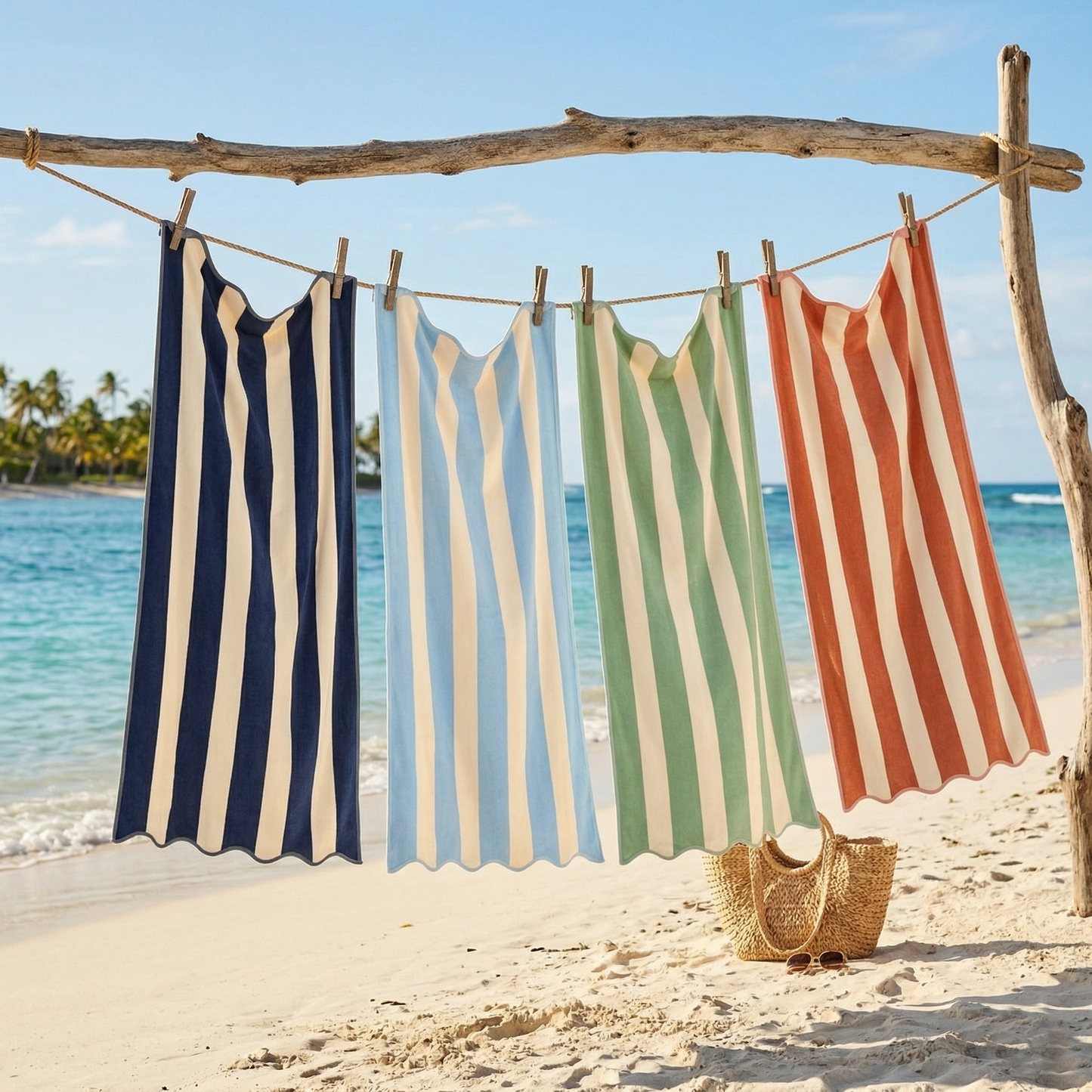 Allure Bath Fashions - Large Scalloped Striped Beach Towel 90 x 170cm - 100% Cotton: Ice Blue