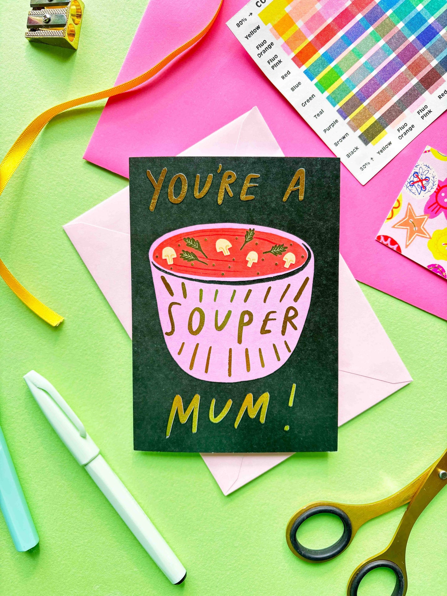 Kerrie Illustrates - You're a Souper Mum Punny Gold Mother's Day Greetings Card 