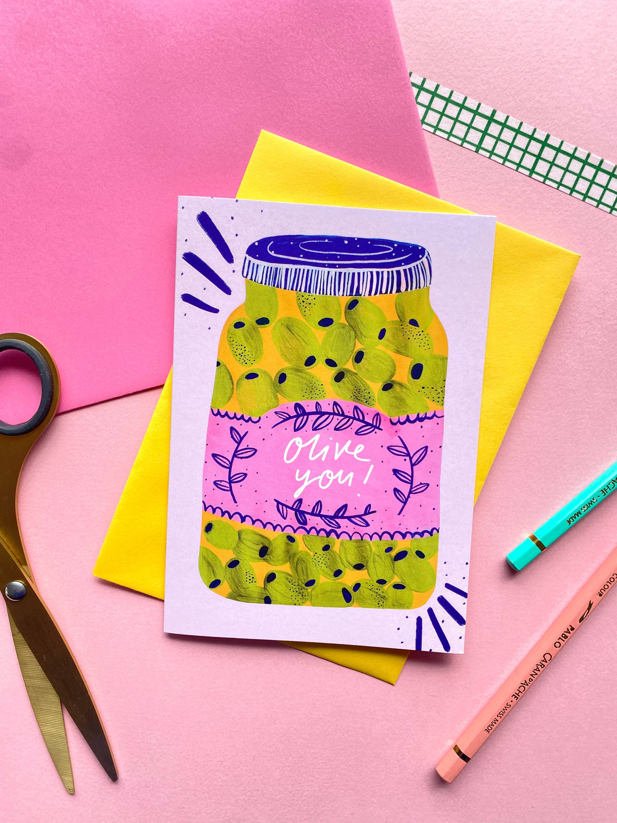 Kerrie Illustrates - Olive you! Funny Valentines Greetings Card | Punny Couple 