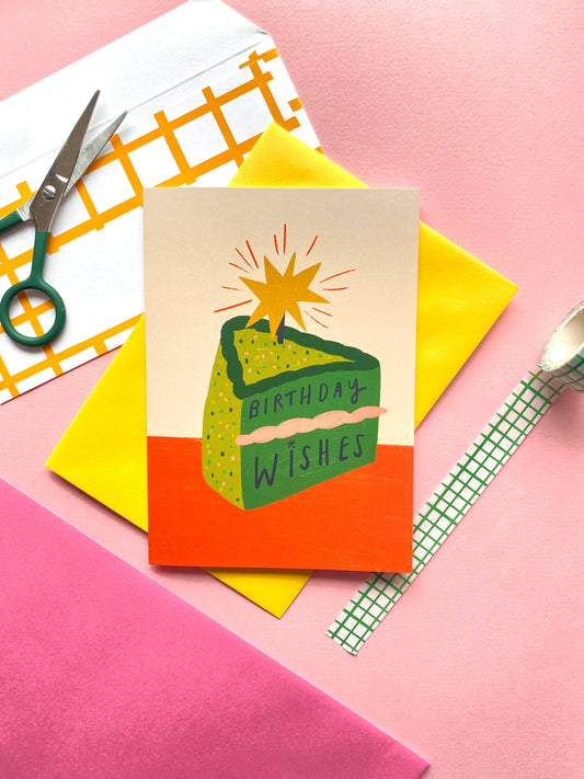 Kerrie Illustrates - Birthday Wishes Green Cake Greetings Card | Bday Celebrate 